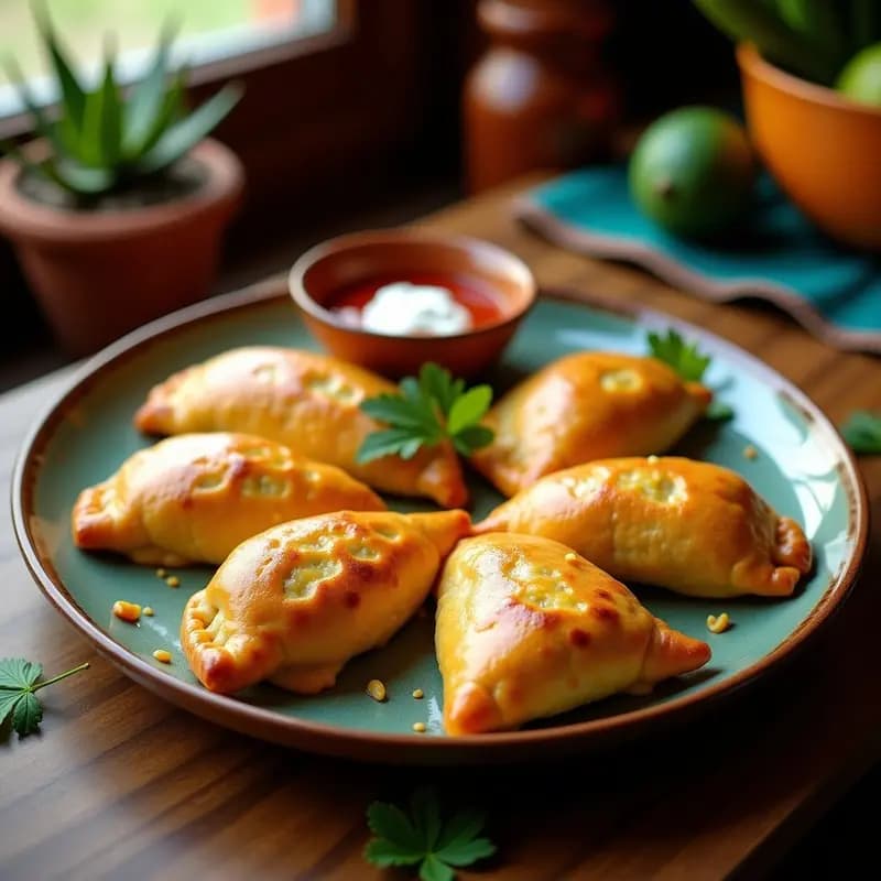 Empanadas doradas de maíz azul rellenas de mote, queso Oaxaca fundido y huitlacoche, servidas en un plato de barro con salsa de chile de árbol y crema agria al lado. Receta gourmet mexicana con toque prehispánico.