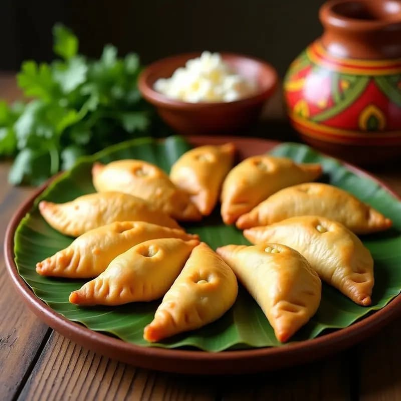 Empanadas doradas y crujientes de mote con queso de oveja servidas sobre hoja de bijao, receta ecuatoriana en airfryer sin harina de trigo.