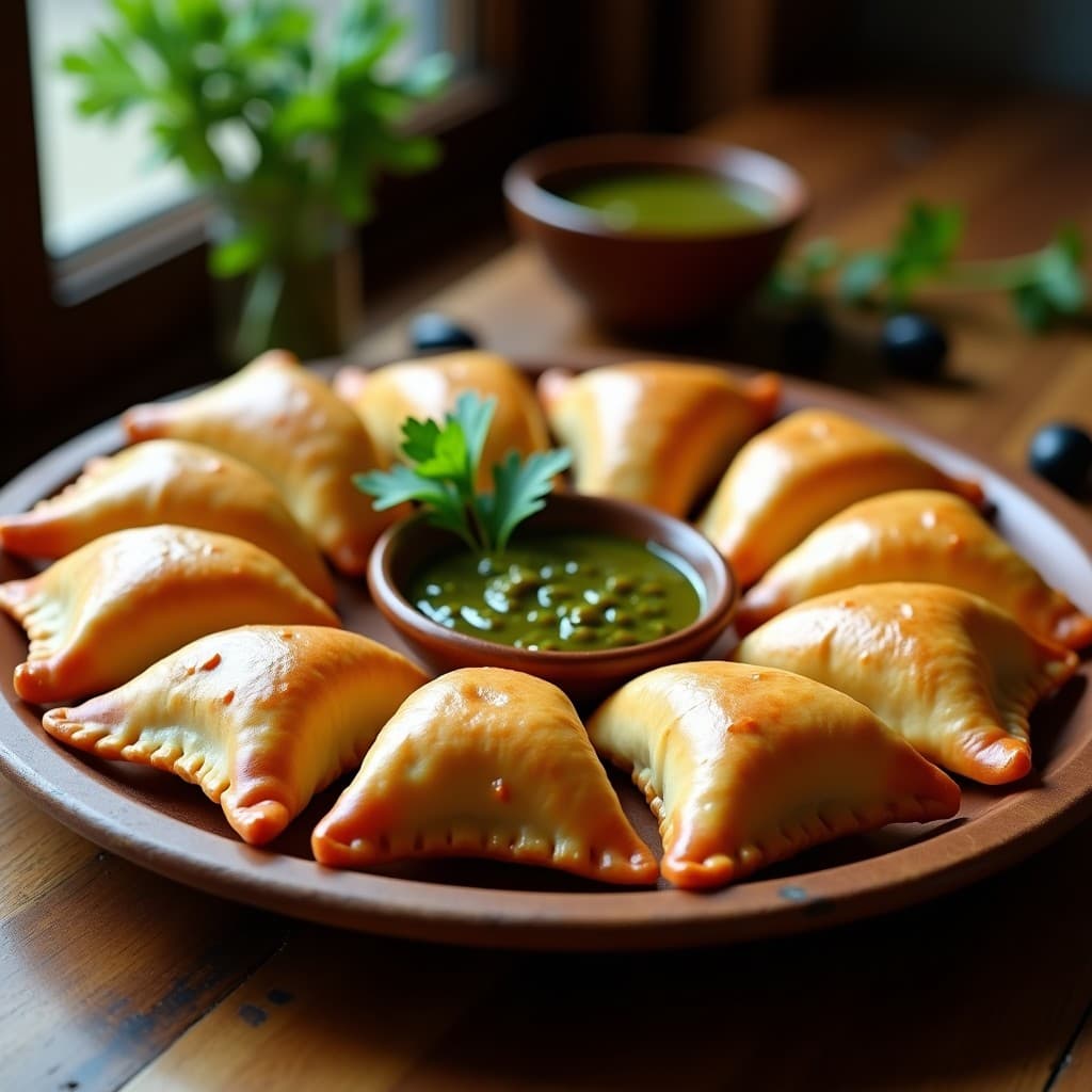 Empanadas doradas de masa de ñame rellenas de carne y aceitunas sobre una bandeja de madera rústica, con un fondo de hierbas frescas y un plato de chimichurri. Receta tradicional argentina sin gluten.