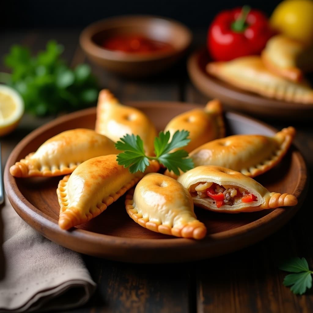 Empanadas doradas de masa de ñame rellenas de congrio ahumado, con bordes perfectamente sellados y un toque de merquén. Servidas en un plato de barro con cilantro fresco y rodajas de limón al lado, receta chilena sin gluten.