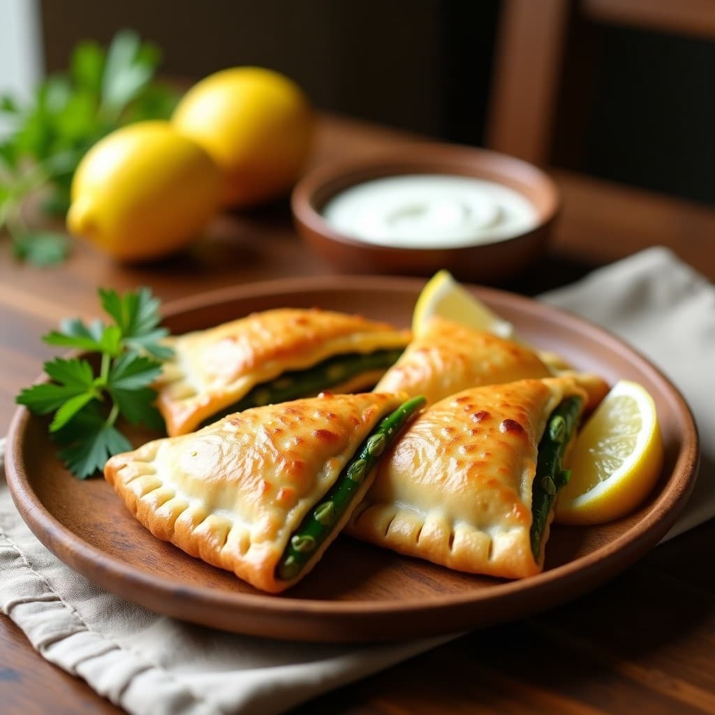 Empanadas doradas de masa de ñame rellenas de espárragos verdes y toque de limón, servidas en un plato de madera rústico con rodajas de limón y hierbas frescas. Receta colombiana sin gluten.