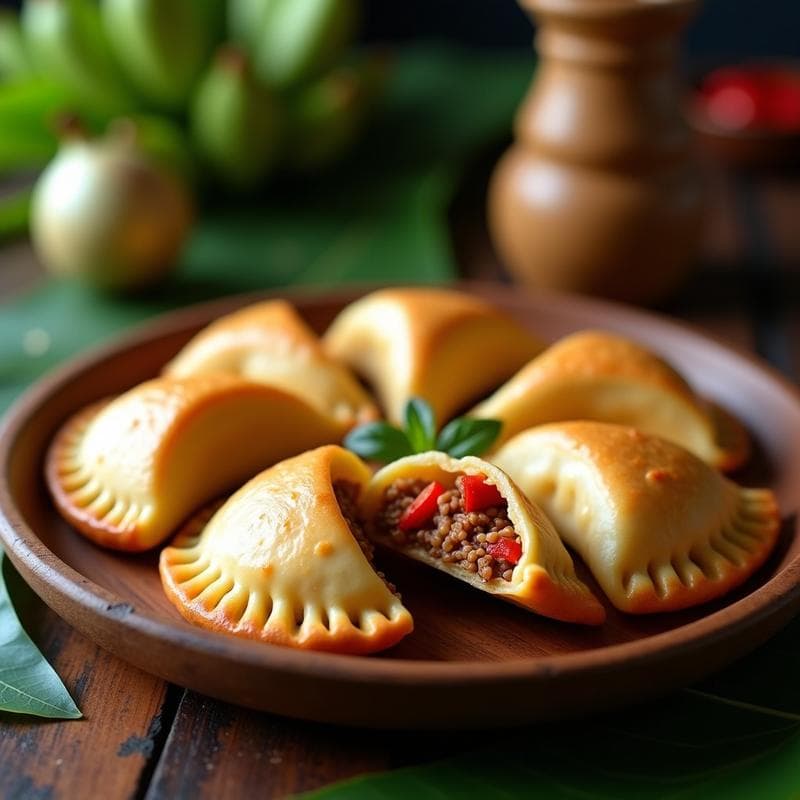 Empanadas colombianas de masa de ñame doradas, rellenas de jackfruit desmenuzado y pimientos asados, servidas en un plato de madera con hojas de plátano de fondo.