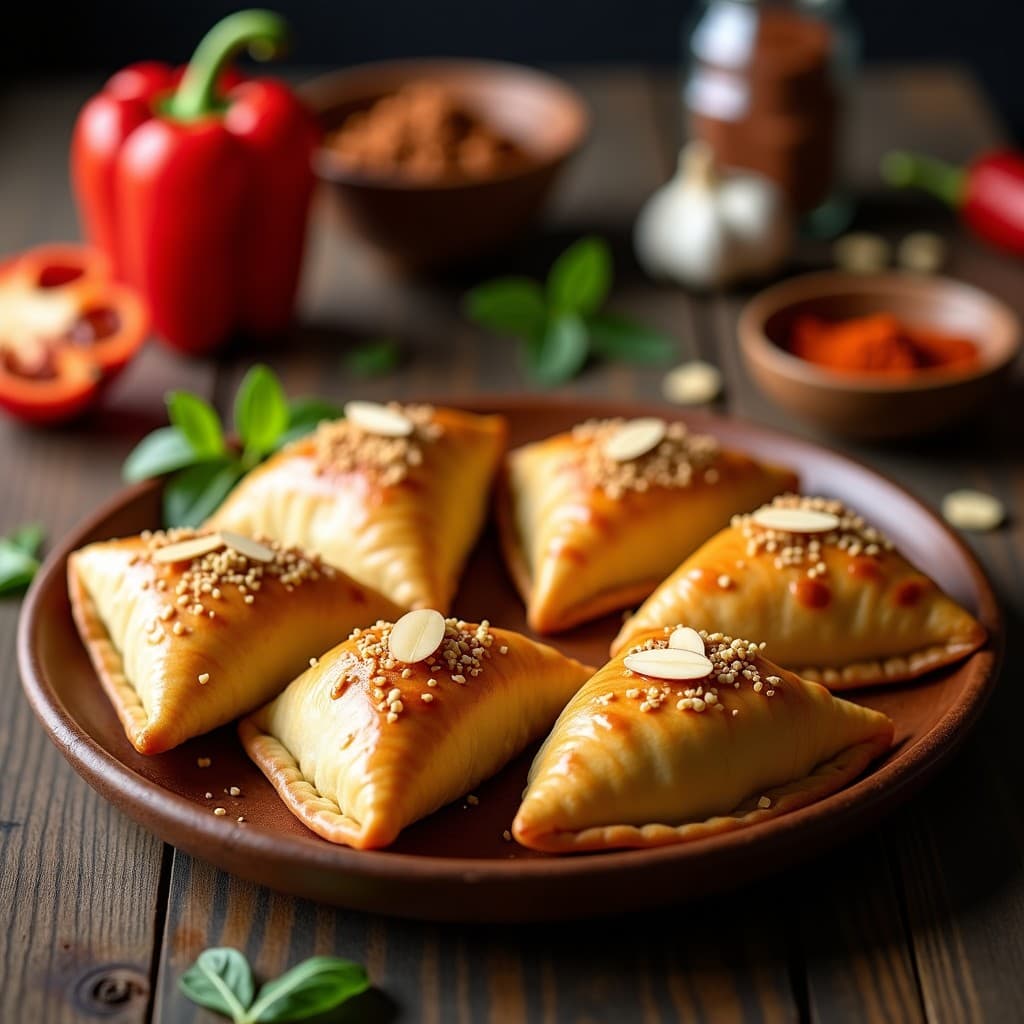 Empanadas doradas y crujientes de masa de ñame rellenas de picadillo de jackfruit vegano, servidas en un plato rústico de madera con almendras fileteadas por encima, receta fácil en airfryer.