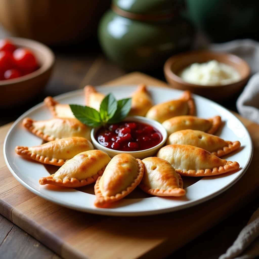 Empanadas doradas de masa de ñame morado rellenas de queso de castañas, servidas en un plato de cerámica blanca con salsa de arándanos espesa y brillante al lado, decoradas con hojas de cilantro fresco. Receta venezolana sin gluten.