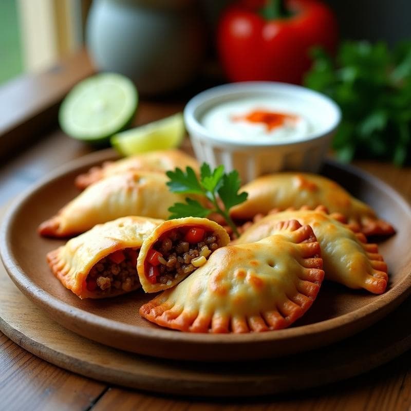 Empanadas doradas y crujientes de masa de ñame rellenas de carne de soja texturizada, servidas en un plato de madera rústico con hojas de perejil fresco y un bol pequeño de salsa de yogur al lado. Receta caribeña en airfryer.