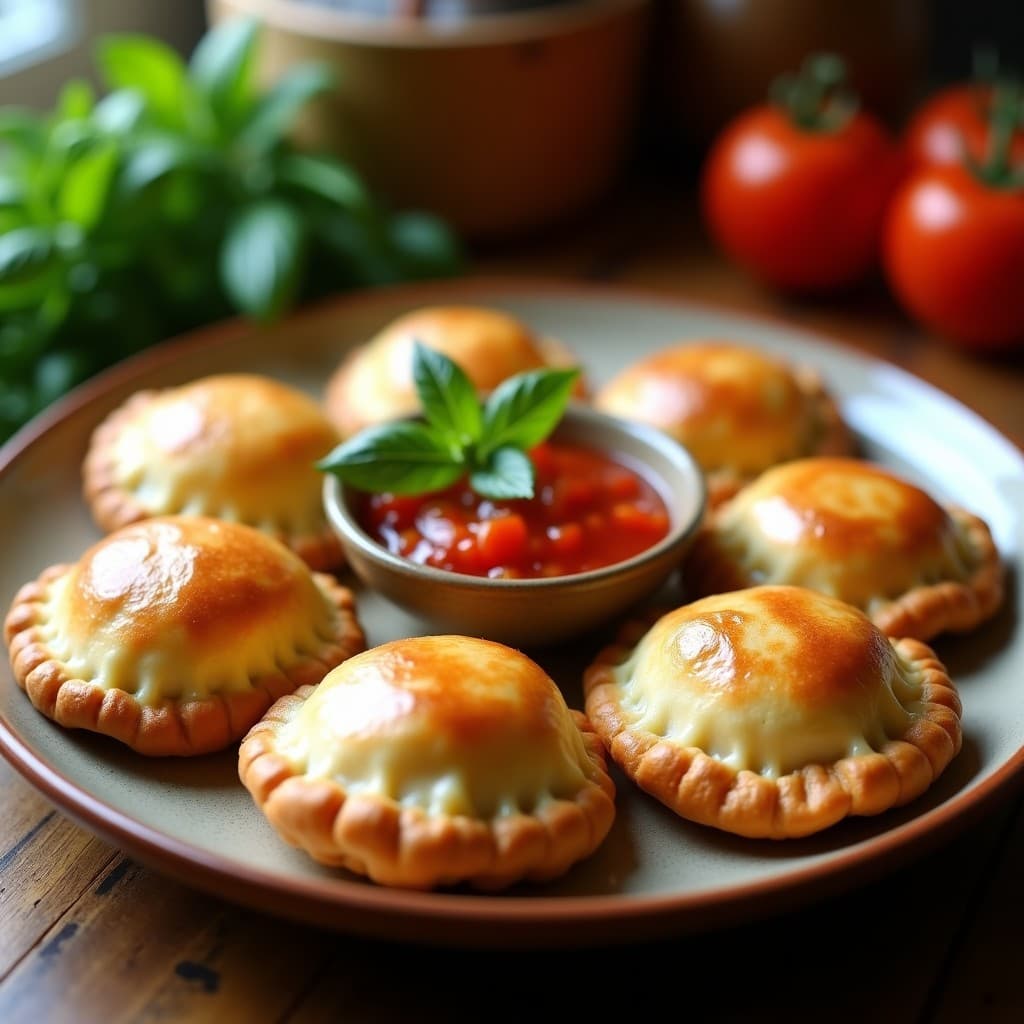Empanadas doradas y crujientes de ñoqui y ricotta servidas en un plato de barro, acompañadas de salsa de tomate casera espesa con trozos de albahaca fresca. Receta argentina en Airfryer.
