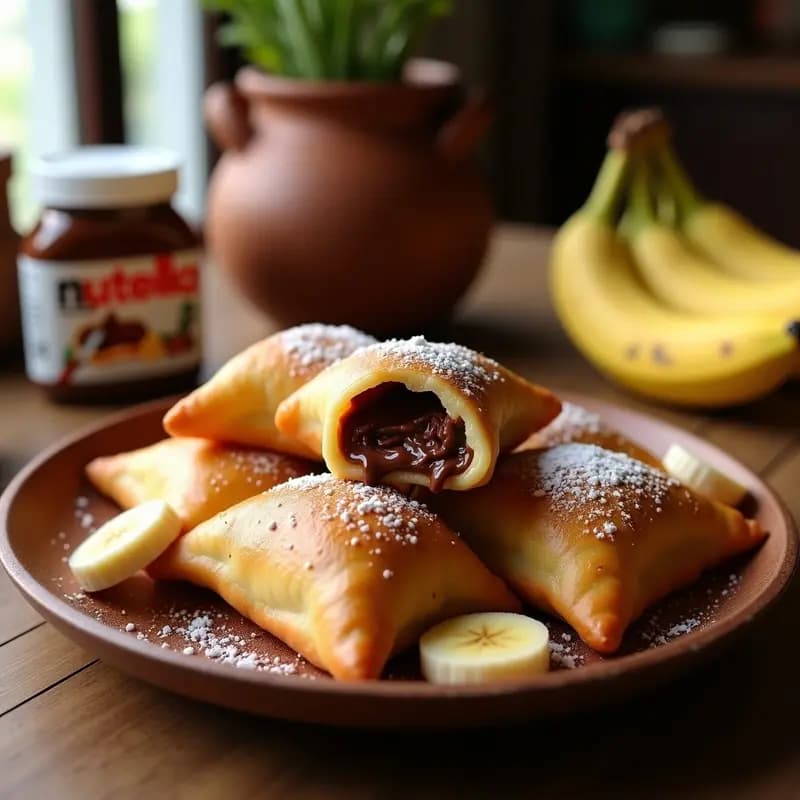 Empanadas doradas y crujientes rellenas de Nutella y plátano maduro, espolvoreadas con azúcar glas y canela, sobre un plato rústico de madera con fondo de cocina tradicional colombiana.