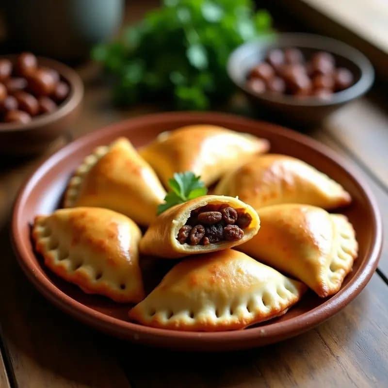Empanadas de otrosi doradas y crujientes rellenas de pino con pasas, servidas en una fuente de madera con pebre al lado, receta chilena tradicional en Airfryer.