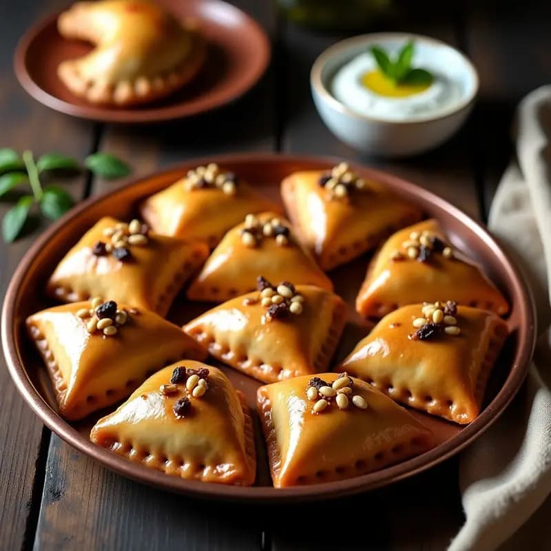 Empanadas palestinas doradas y crujientes en bandeja de horno, rellenas de carne de cordero especiada y piñones, con detalles de perejil fresco y limón confitado al fondo.