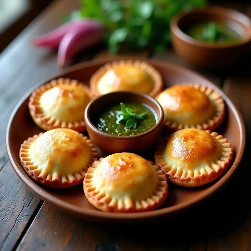 Empanadas doradas y crujientes de papa y chorizo vegano en una canasta de airfryer, con hierbas frescas y un bol de salsa de chimichurri verde al lado. Receta chilena rápida y vegana.