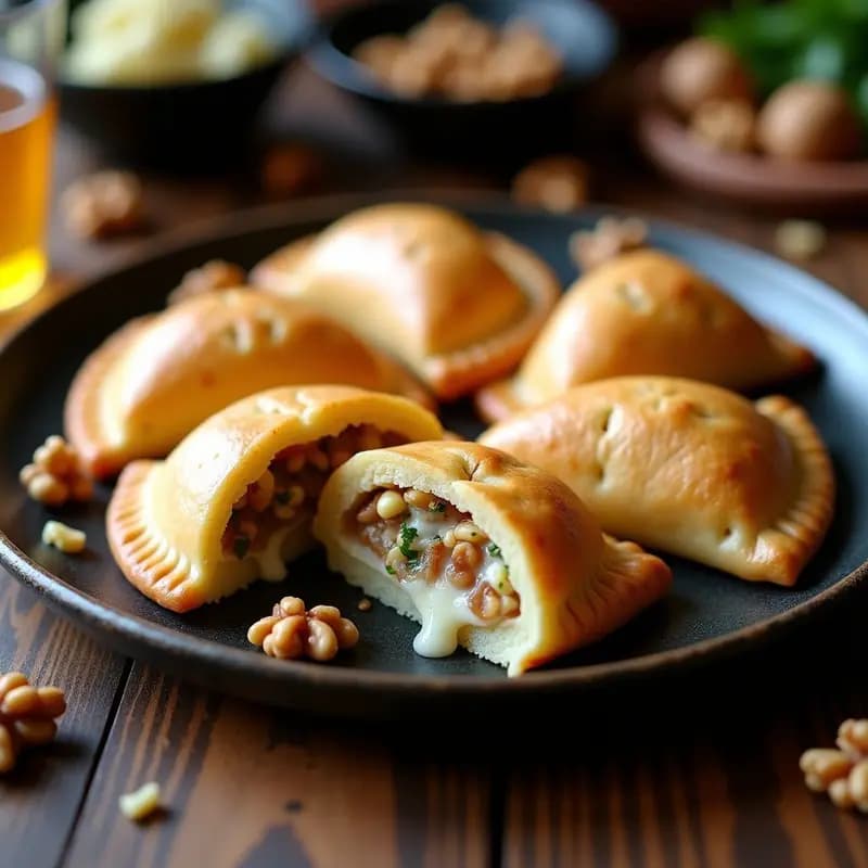 Empanadas doradas de masa de papa rellenas de queso azul, servidas en un plato de cerámica negra con detalles de cebolla morada caramelizada y nueces picadas, receta colombiana gourmet.