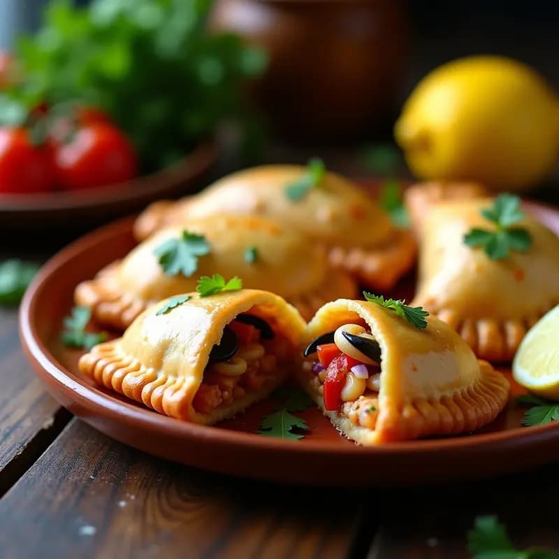Empanadas doradas y crujientes de pebre chileno con relleno de mariscos, servidas en una fuente de barro rústica con salsa pebre fresca al lado. Receta tradicional chilena en airfryer.