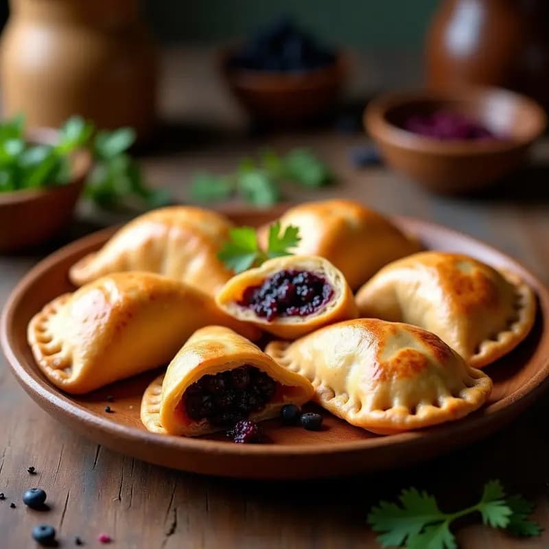 Empanadas de perol veganas doradas y crujientes rellenas de seitán desmenuzado y moras andinas, servidas en un plato de madera rústico con fondo de cocina tradicional colombiana, receta airfryer.