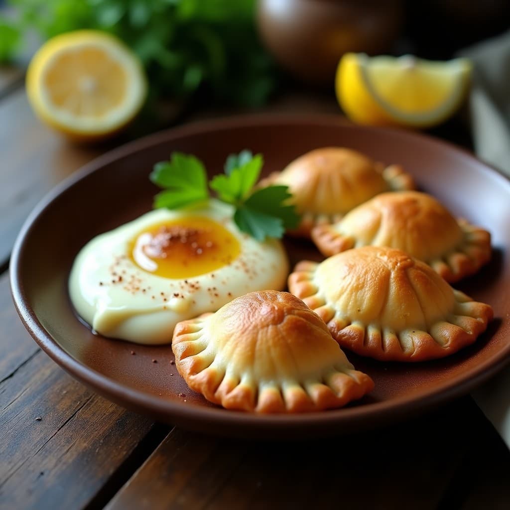 Empanadas doradas de pescado ahumado y puré de coliflor keto servidas en plato rústico, con puré cremoso al lado y perejil fresco. Receta chilena en olla express.