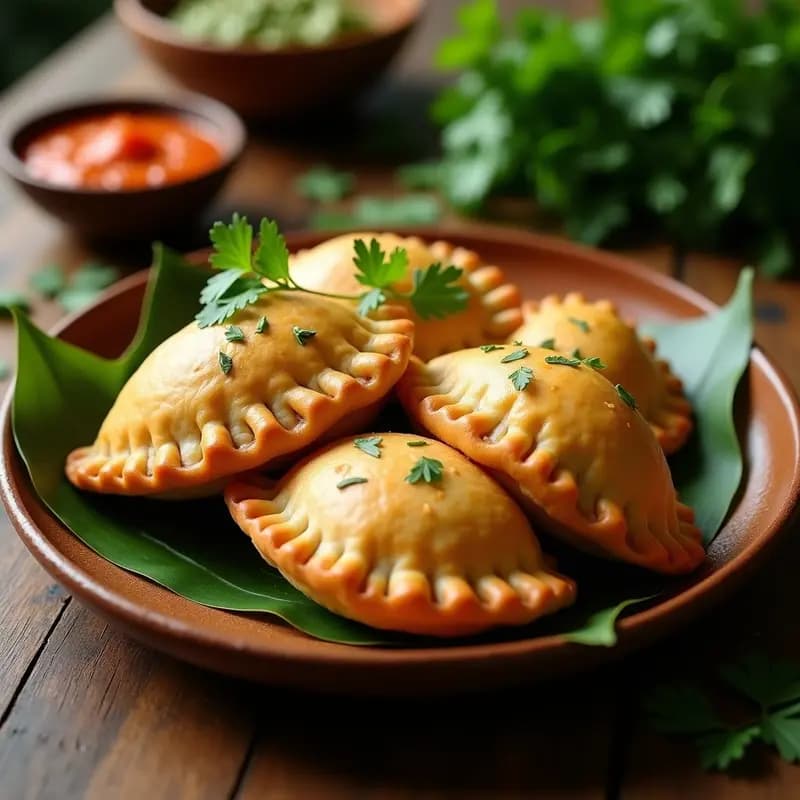 Empanadas doradas y crujientes rellenas de pescado ahumado y puré de palma corozo, servidas en un plato de barro con hojas de plátano como decoración, receta colombiana amazónica.
