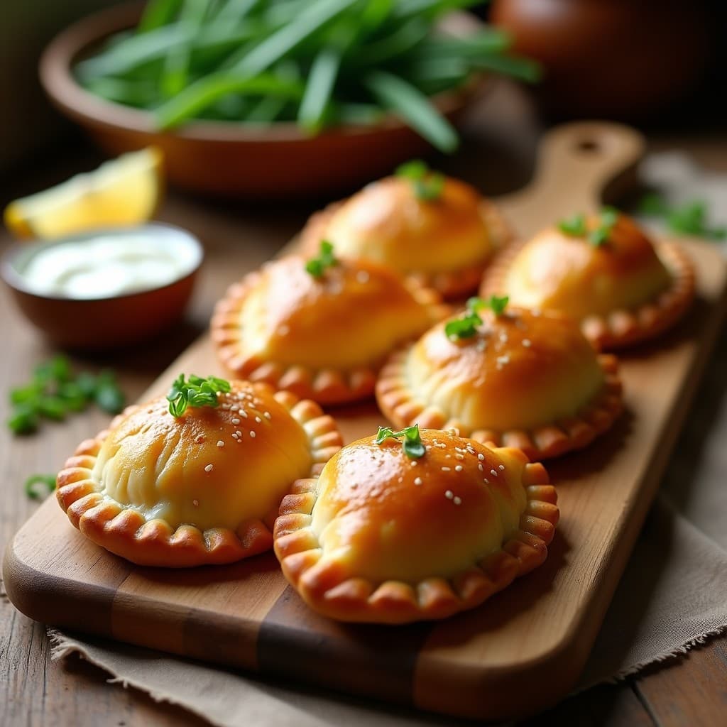 Empanadas doradas y crujientes de masa hojaldrada rellenas de salmón ahumado y queso de cabra, servidas en una bandeja de madera con semillas de amapola y hierbas frescas, receta francesa en airfryer.