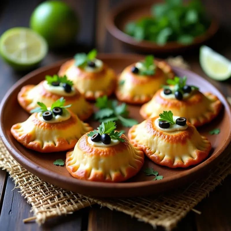 Empanadas doradas y crujientes de masa de cassava rellenas de pescado blanco desmenuzado, aceitunas negras y cilantro fresco, servidas en un plato de madera rústico con rodajas de limón al lado. Receta caribeña sin trigo.
