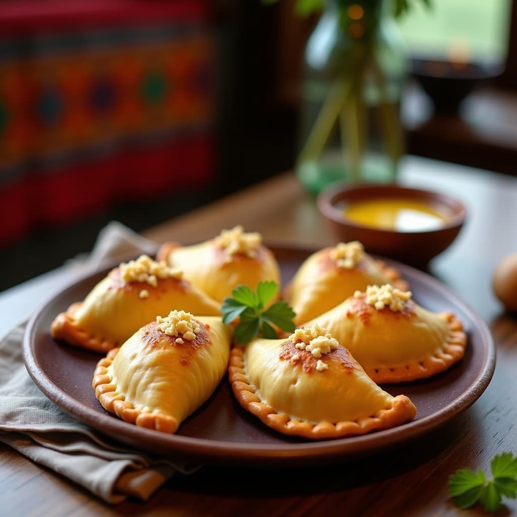 Empanadas doradas y crujientes de pescado blanco y queso chapala, con masa de maíz morado, servidas en un plato de cerámica rústica sobre una mesa de madera. Receta peruana en airfryer.