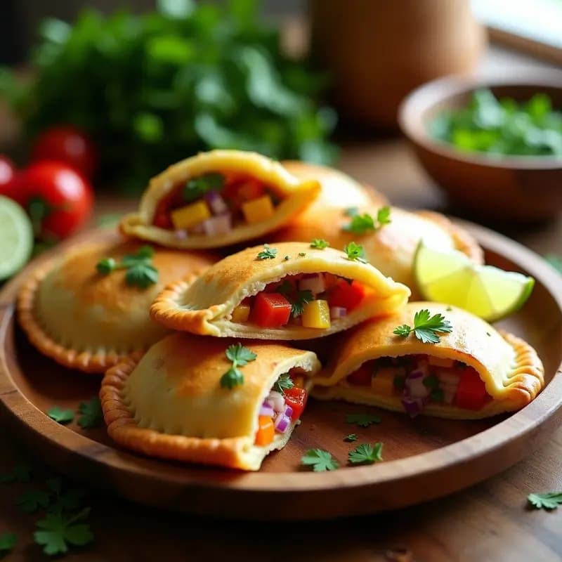 Empanadas brasileñas de masa dorada de mandioca rellenas de pescado blanco desmenuzado y pimientos asados, servidas en una bandeja de madera rústica con hierbas frescas y rodajas de limón verde.