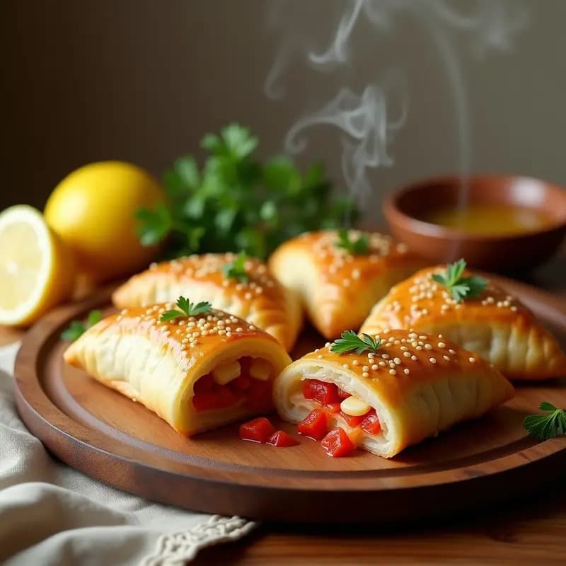Empanadas doradas y crujientes de pescado blanco y pimientos asados, dispuestas en una bandeja de madera con papel de horno. Se aprecian los bordes sellados con tenedor y el brillo de la yema de huevo. Receta española en Thermomix para tupper.