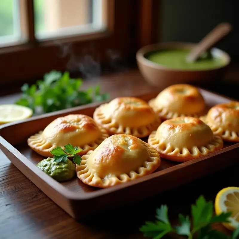 Empanadas argentinas doradas al horno con relleno de pescado blanco y salsa verde, servidas en una bandeja de madera rústica con hierbas frescas al lado.