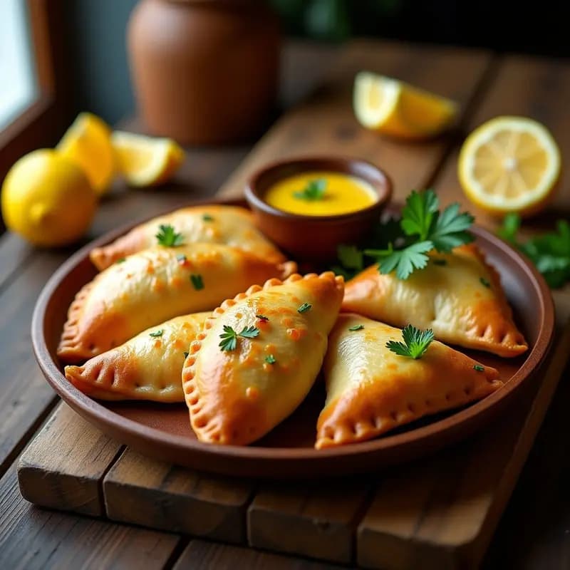 Empanadas doradas y crujientes rellenas de pescado y buchu, servidas en un plato de madera con salsa de ají amarillo al lado. Receta chilena en airfryer.