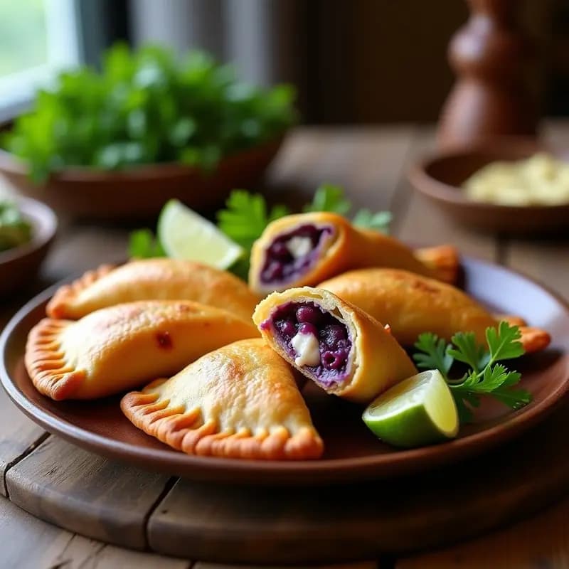 Empanadas chilenas de pescado y camote morado doradas y crujientes, servidas en un plato de madera rústico con hojas de cilantro fresco y rodajas de limón verde, receta en airfryer.