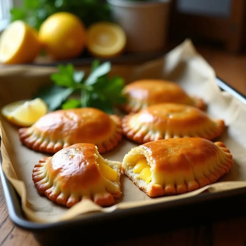Empanadas venezolanas doradas y crujientes rellenas de pescado y queso cheddar, dispuestas en una bandeja de horno con papel encerado. Se aprecian los bordes sellados con tenedor y el brillo del huevo batido. Al fondo, cilantro fresco y rodajas de limón como decoración.