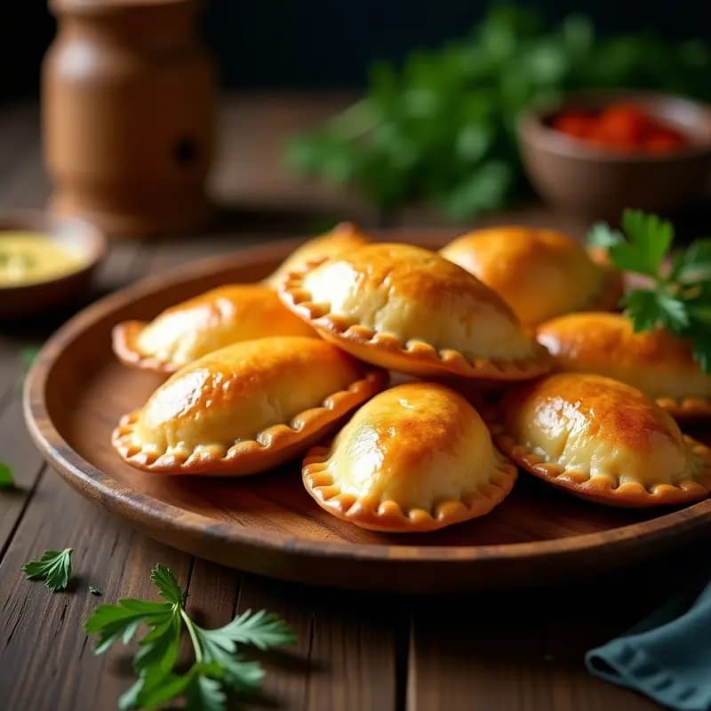 Empanadas chilotes doradas y crujientes en airfryer, rellenas de congrio desmenuzado y papas, con un corte en forma de media luna y bordes repulgados. Plato tradicional de Chiloé con toque moderno.