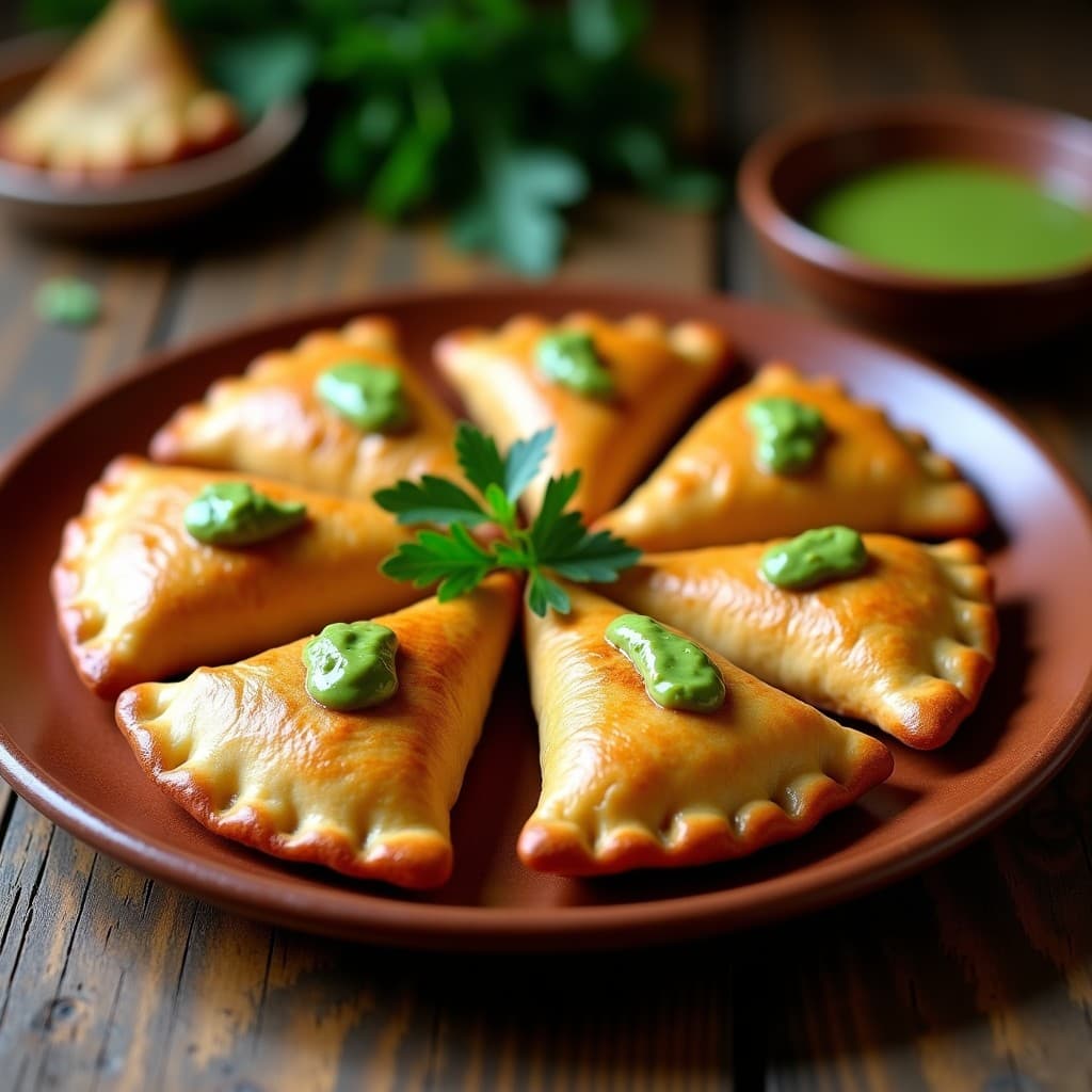 Empanadas doradas y crujientes de masa de ñame morado rellenas de pescado y chipirones en su tinta, servidas en un plato de barro rústico con un chorrito de mojo verde canario. Receta tradicional canaria adaptada al airfryer.