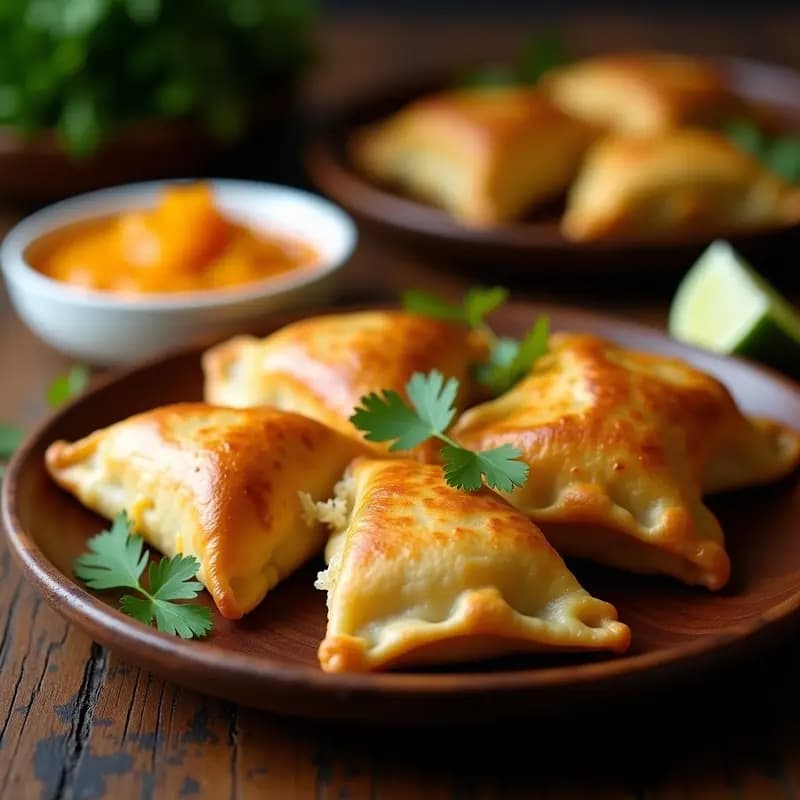 Empanadas doradas y crujientes de masa de yuca rellenas de pescado desmenuzado, servidas en un plato de madera con chutney de mango brillante y cilantro fresco. Receta colombiana sin gluten.