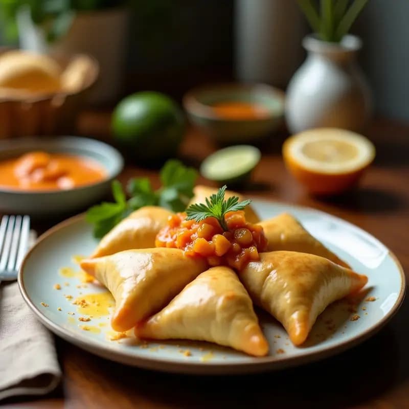 Empanadas doradas y crujientes rellenas de pescado y coco, servidas en un plato de cerámica blanca con salsa de maracuyá amarilla en un recipiente aparte. Decoradas con hojas de cilantro y rodajas de limón, receta ecuatoriana en airfryer.