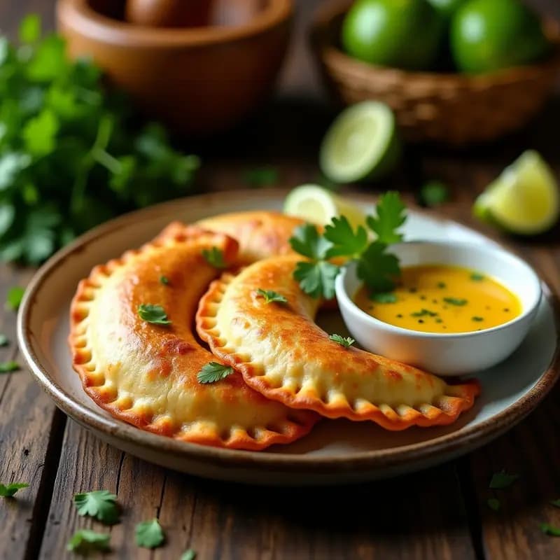 Empanadas doradas y crujientes de pescado blanco y cocotero sobre una bandeja de madera, acompañadas de un bol pequeño con salsa de cítricos amarilla y verde. Decoradas con ralladura de limón y hojas de cilantro fresco. Receta costeña colombiana.