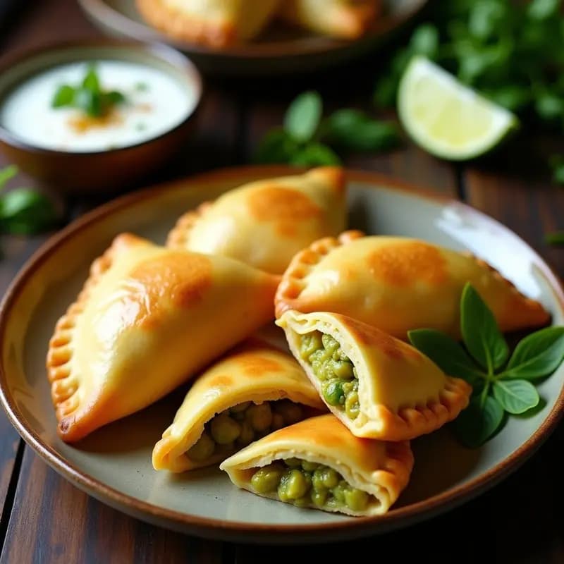 Empanadas doradas y crujientes de masa de cassava rellenas de pescado y curry verde tailandés, servidas en un plato de cerámica negra con rodajas de limón y hojas de cilantro fresco.