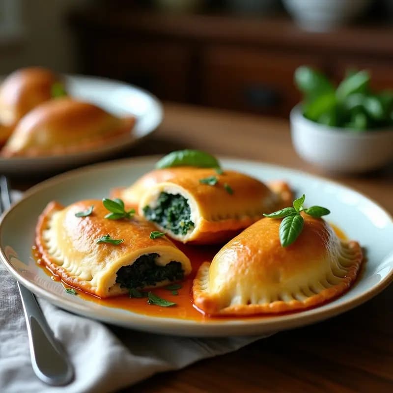 Empanadas portuguesas de pescado blanco y espinacas con toque mediterráneo, doradas y crujientes, servidas en un plato de barro con perejil fresco y rodajas de limón al lado.