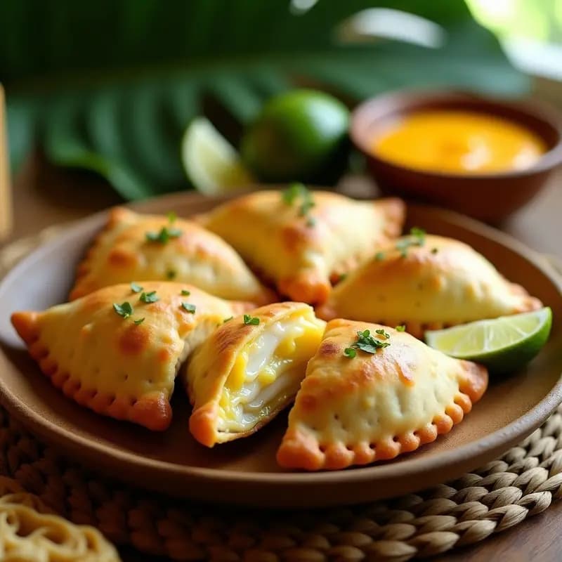 Empanadas doradas y crujientes de masa de cassava rellenas de pescado y queso faster cheese, servidas en un plato de madera rústico con rodajas de limón verde y hojas de cilantro fresco, receta caribeña sin gluten.