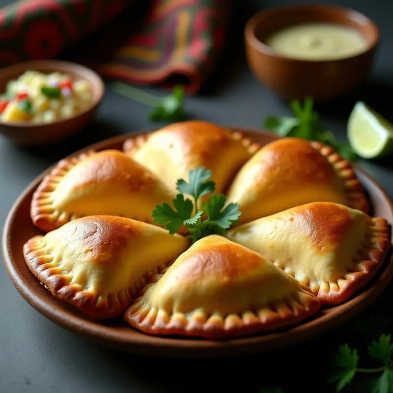 Empanadas doradas y crujientes de masa de yuca rellenas de pescado blanco y Herz de Palma, servidas en un plato de madera rústico con hojas de cilantro fresco y rodajas de limón verde al lado.
