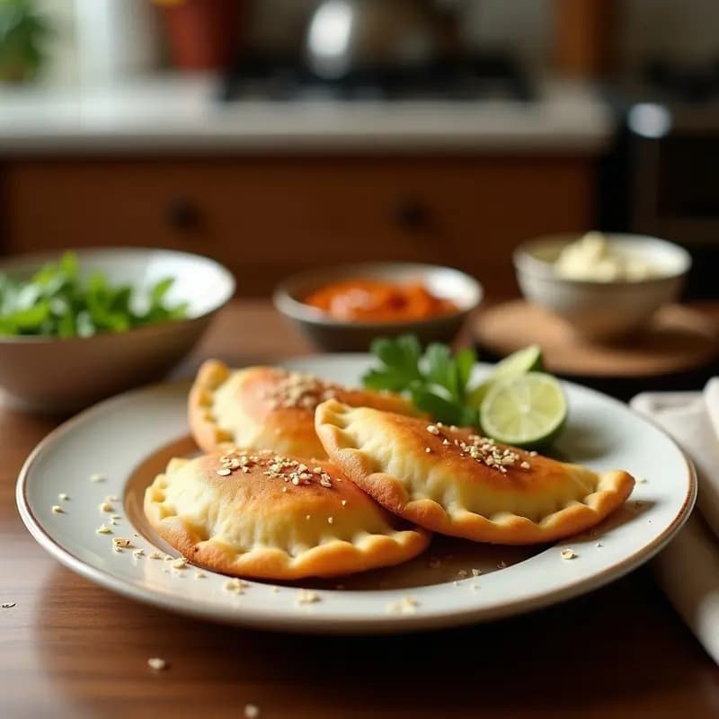 Empanadas doradas y crujientes de pescado y leche de coco keto sobre una tabla de madera rústica, con masa de almendra y relleno cremoso visible en el corte. Acompañadas de rodajas de limón verde y hojas de cilantro fresco.