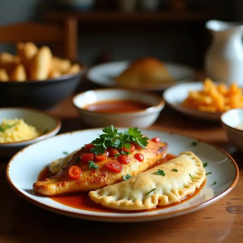 Empanadas brasileñas doradas al horno con masa de yuca, rellenas de pescado y leche de coco, servidas en una bandeja de madera con rodajas de limón y hojas de cilantro fresco.