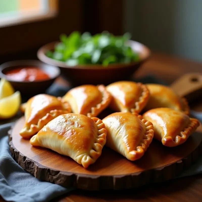 Empanadas chilenas sin gluten de pescado y ñora con masa de maíz azul, doradas y crujientes, servidas en una tabla de madera con ensalada fresca al lado.