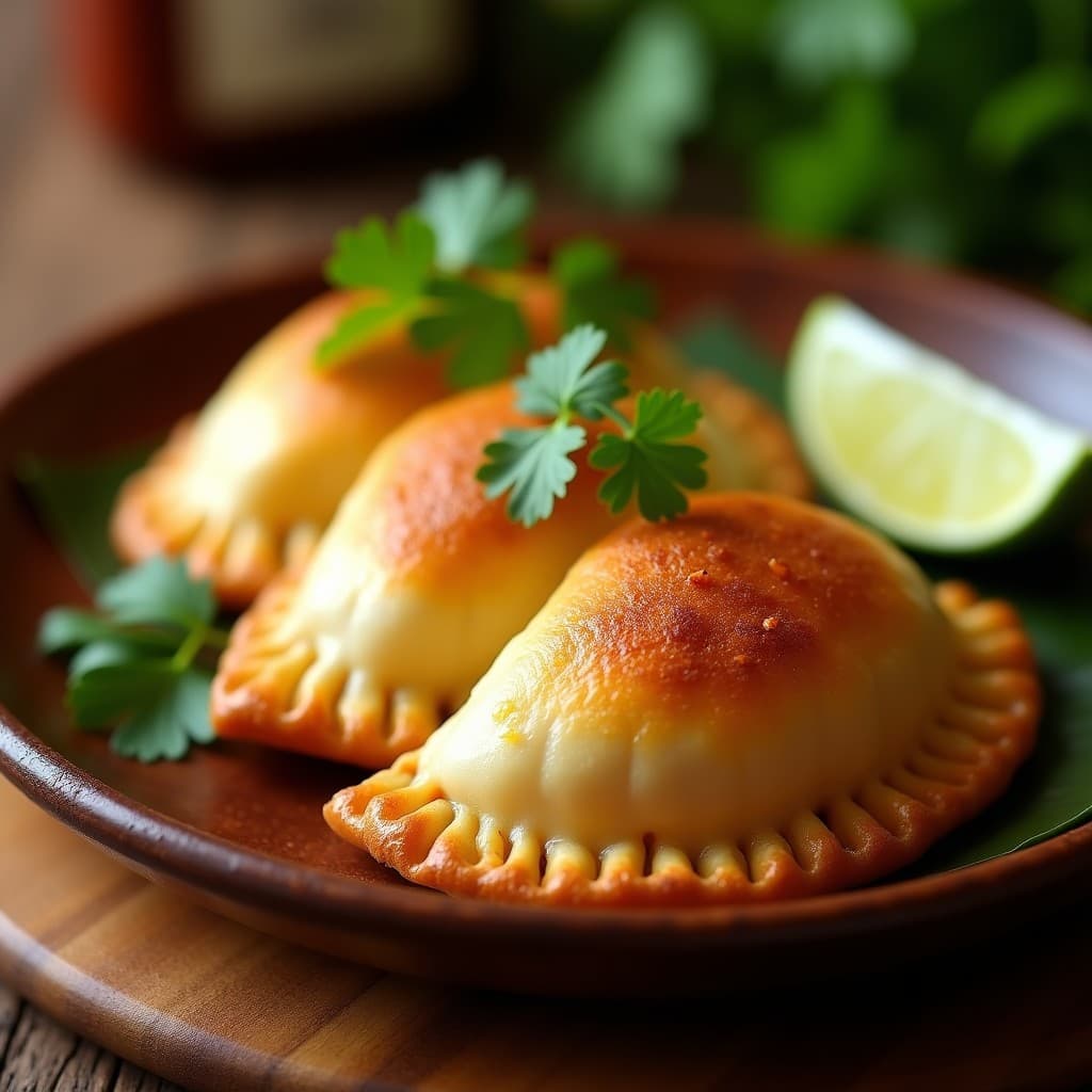 Empanadas doradas y crujientes de yuca rellenas de pescado y palma cortez, servidas en un plato de madera rústico con hojas de cilantro fresco y rodajas de limón al lado. Receta colombiana tradicional en olla exprés.