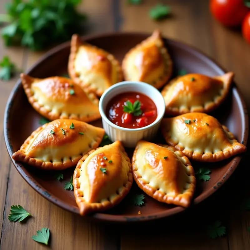 Empanadas de pescado al estilo portugués doradas y crujientes en una fuente de barro, con salsa de tomate espesa al lado. Detalle del relleno jugoso y la textura dorada de la masa, típica de receta en airfryer.