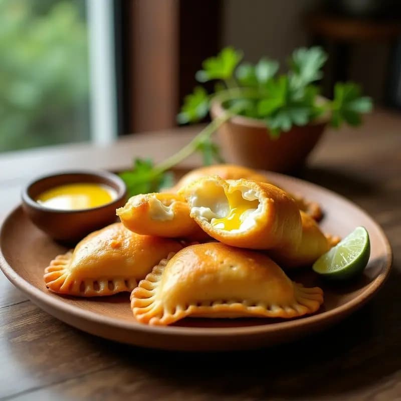 Empanadas doradas y crujientes de pescado y queso crema con ají amarillo, servidas en un plato de madera rústico con salsa de ají amarillo al lado. Receta peruana en airfryer.