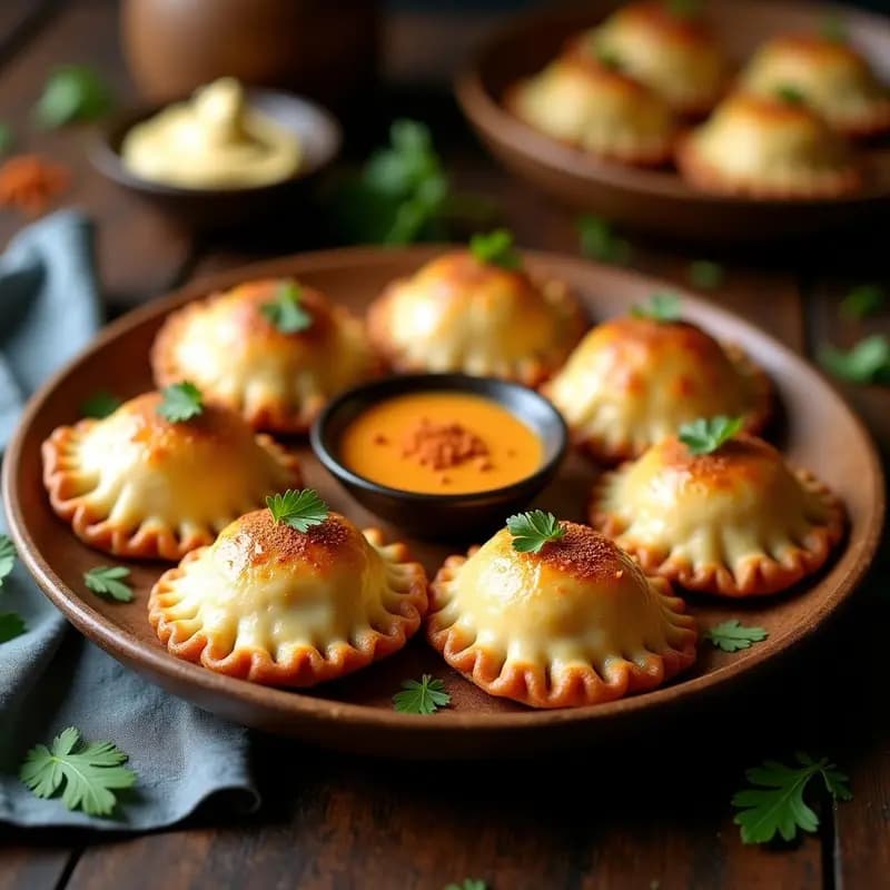 Empanadas doradas y crujientes de pescado y queso crema en airfryer, servidas en un plato de madera con salsa de merquén y hojas de cilantro, receta chilena tradicional con toque gourmet.