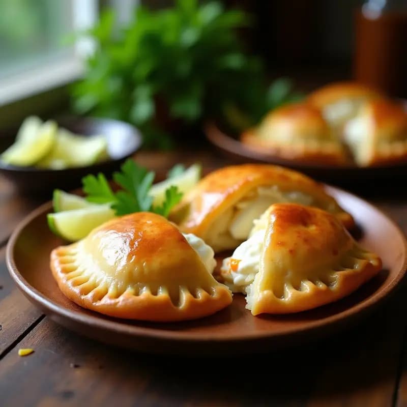 Empanadas doradas de masa de ñame rellenas de pescado y queso crema, servidas en un plato de madera con rodajas de limón y hojas de cilantro. Receta caribeña sin gluten.