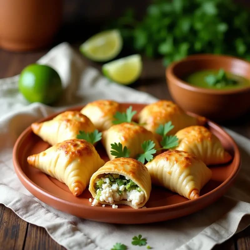 Empanadas chilenas doradas y crujientes rellenas de pescado blanco y queso fresco, servidas en un plato de barro con salsa de ají verde fresca al lado, sobre un mantel de lino rústico.
