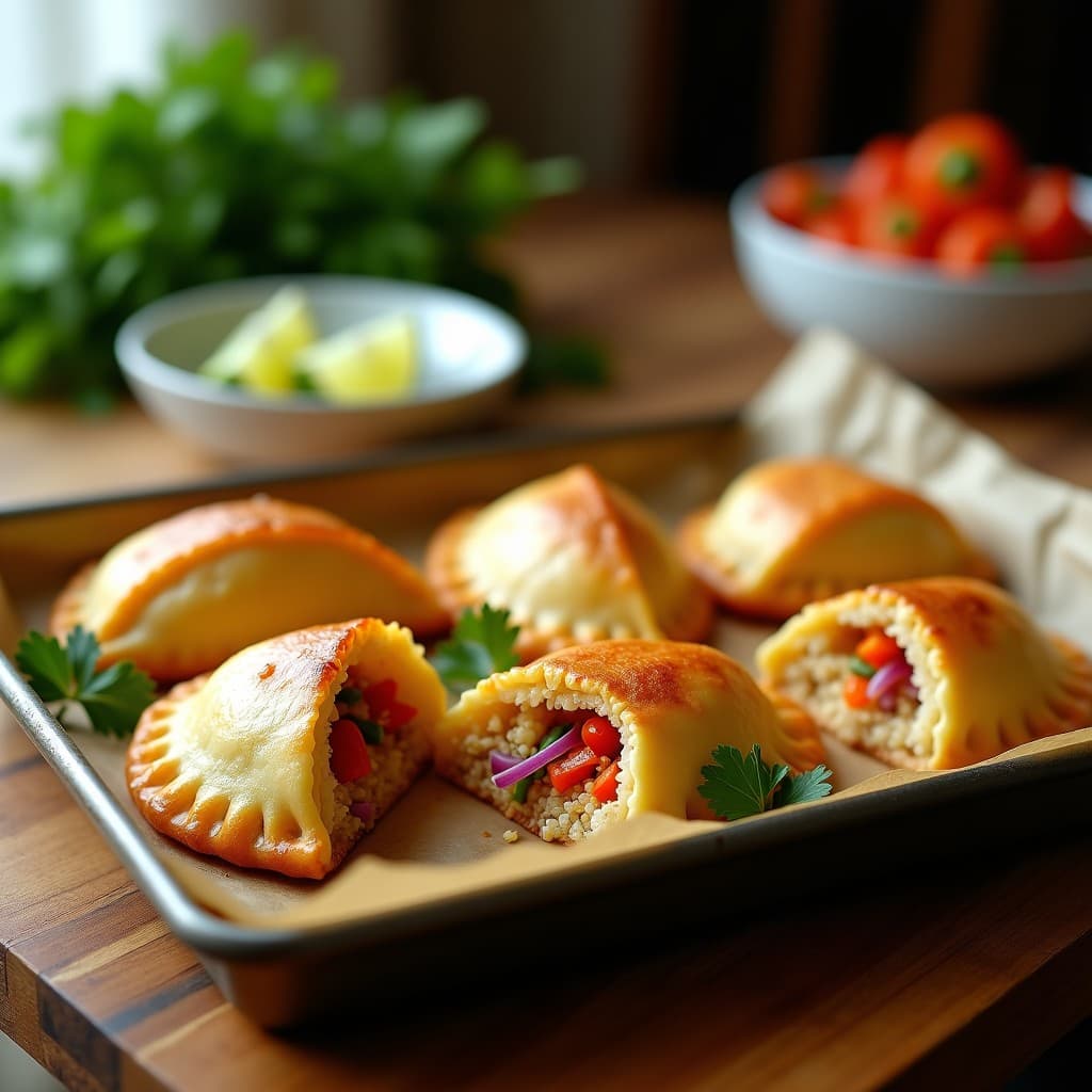 Empanadas doradas y crujientes de pescado blanco y quinoa sobre una bandeja de horno con papel vegetal, acompañadas de cilantro fresco y rodajas de limón, receta colombiana alta en Omega-3.