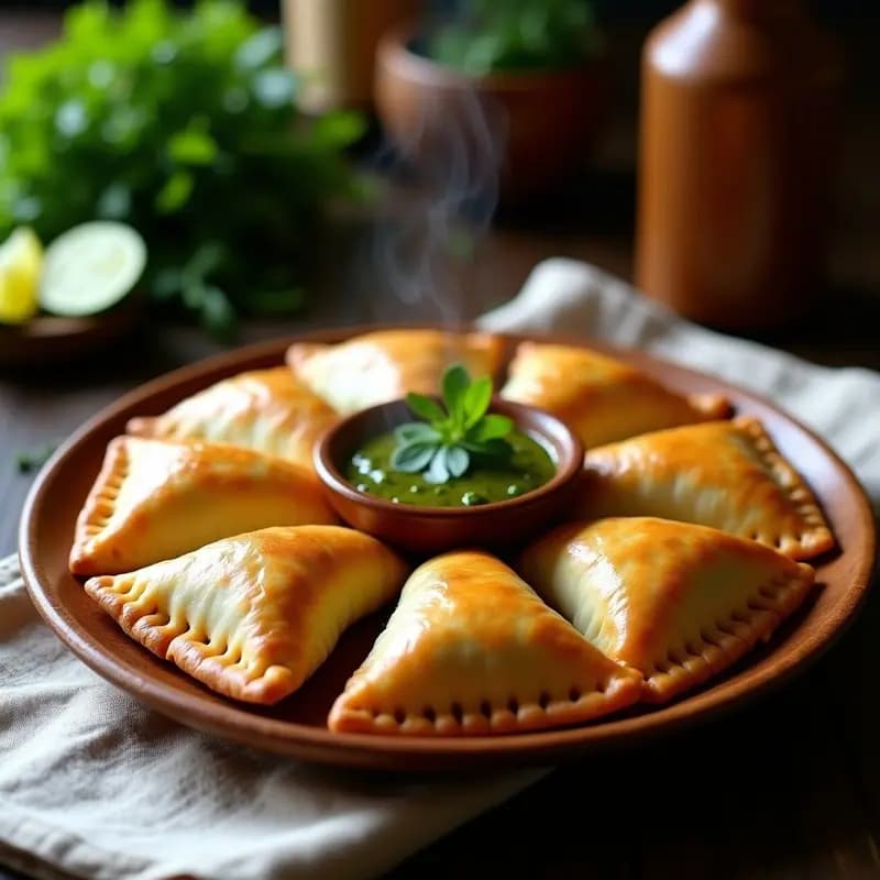 Empanadas chilenas de pescado al vapor con masa dorada de yuca y harina de arroz, servidas en un plato de madera con salsa verde de limón y cilantro, acompañadas de hojas de lechuga fresca.