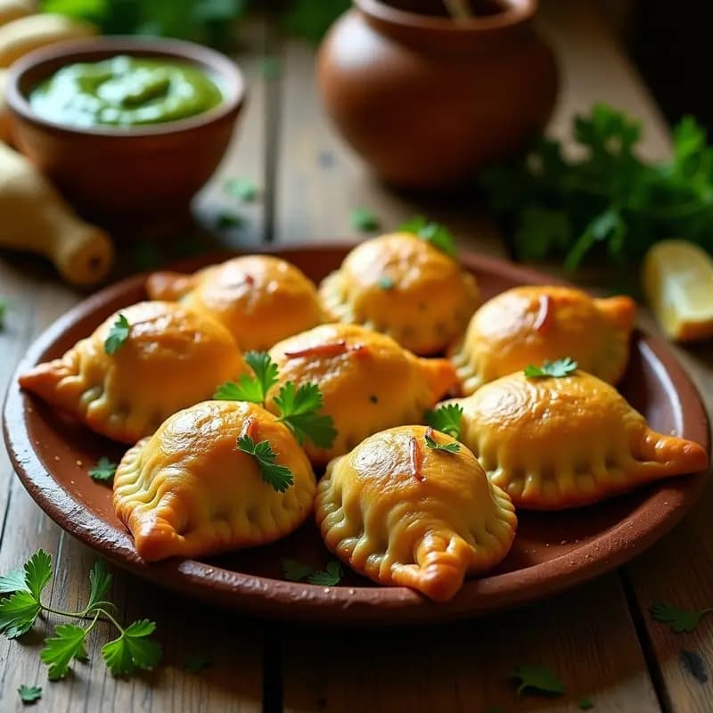 Empanadas doradas y crujientes de pescado y yuca canaria, servidas en un plato de barro rústico con mojo verde espeso al lado. Fondos de cocina tradicional canaria con toques de madera y hierbas frescas.
