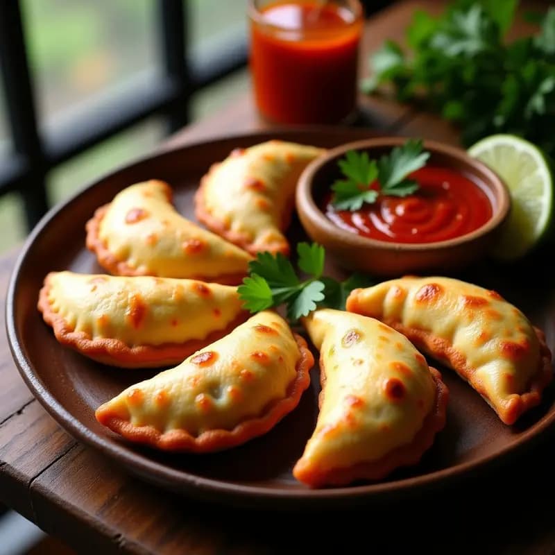 Empanadas doradas y crujientes de pescado y yuca sin harina de trigo, servidas en un plato de barro con salsa de ají cremosa y cilantro fresco. Receta colombiana tradicional y saludable.